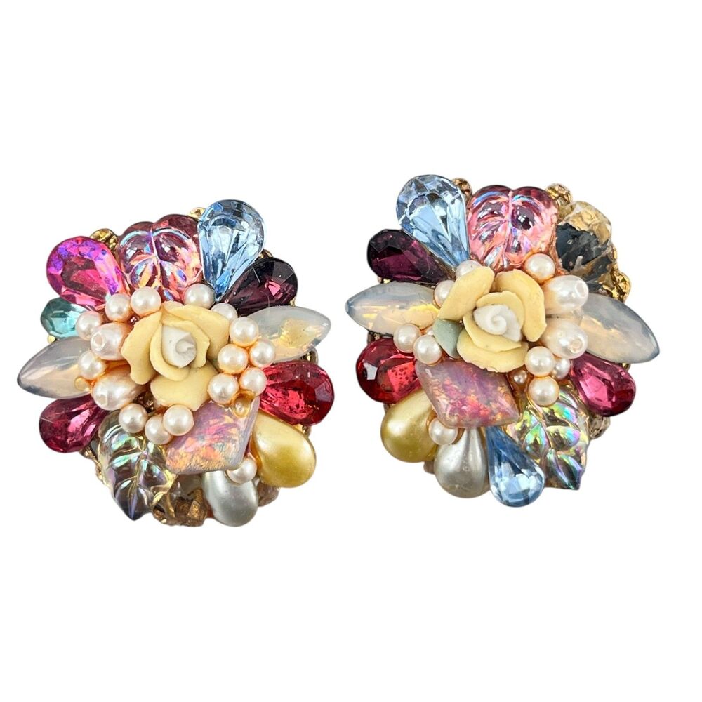 Vintage 1980s Statement Earrings Porcelain Rose Crystal Cluster Resin Back - 3U